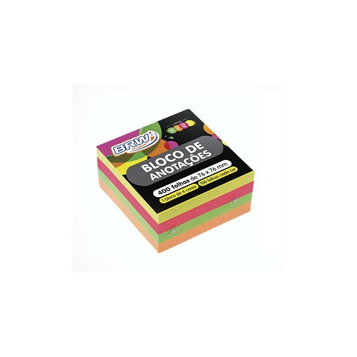 Bloco de Anotações 76x76mm Neon 4 Cores BRW 400 folhas
