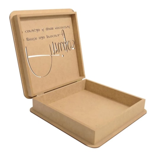 Caixa Quadrada Com Dobradica Frase Amigos 22,5X22,5X5,5 Mdf Madeira Marpax