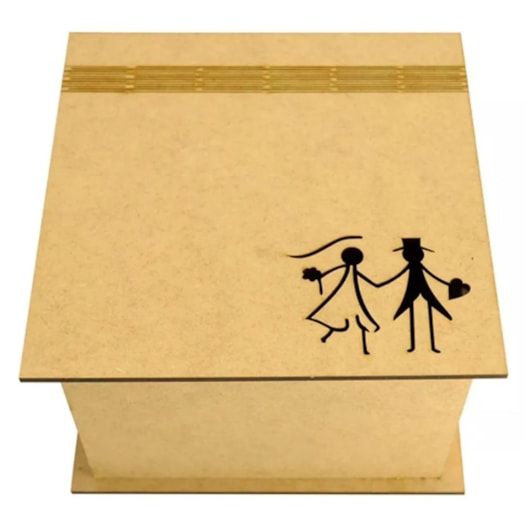 Caixa Quadrada Tampa Dobravel Casal Noivos 20X20X10 Laser Mdf Madeira Marpax