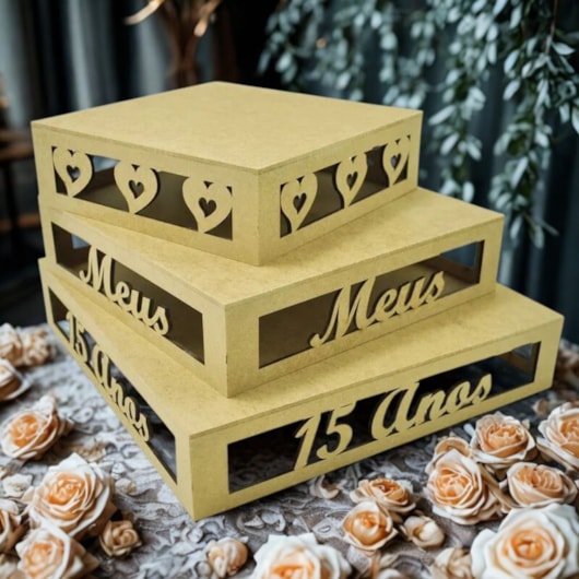 Jogo 3 Bandeja Meus 15 Anos Decoracao Festa Mdf Madeira Marpax