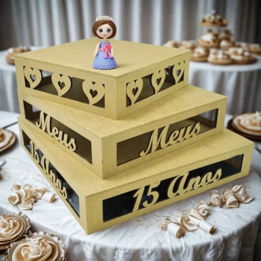 Jogo 3 Bandeja Meus 15 Anos Decoracao Festa Mdf Madeira Marpax