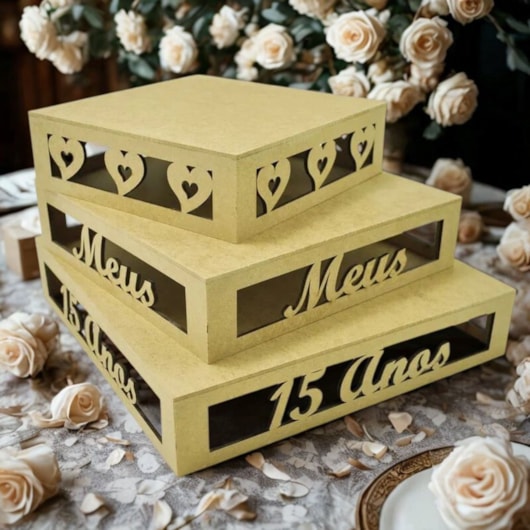 Jogo 3 Bandeja Meus 15 Anos Decoracao Festa Mdf Madeira Marpax