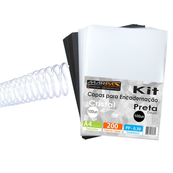 Kit 200 Capas Lisa e Couro A4 + 200 Espirais Cristal 9mm