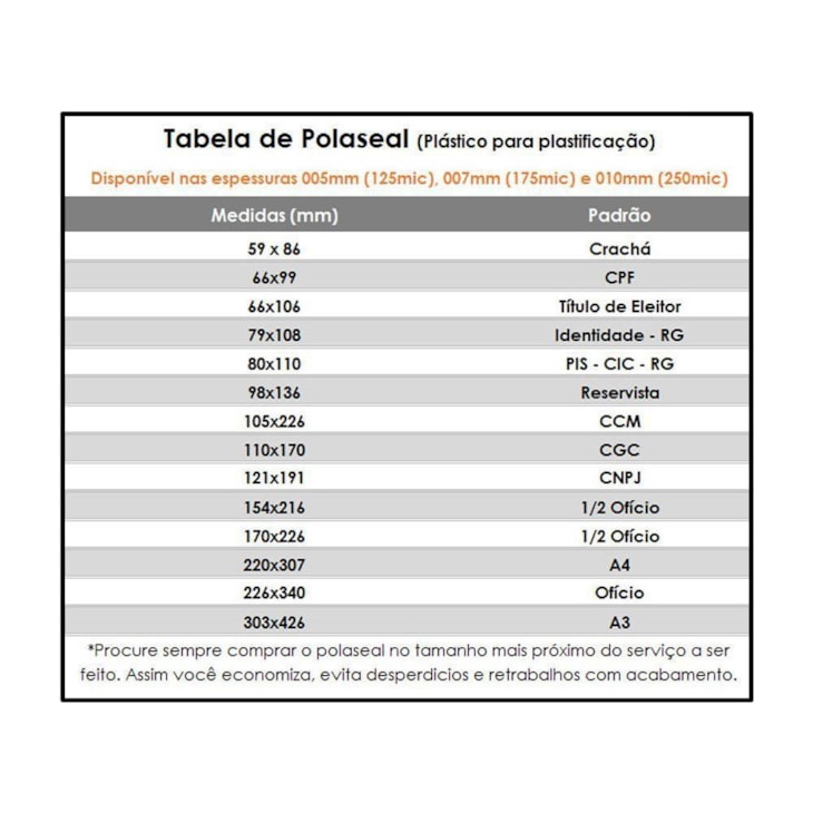 Kit 600 Plásticos Polaseal p/ Plastificação Tamanhos Variados 0,05mm