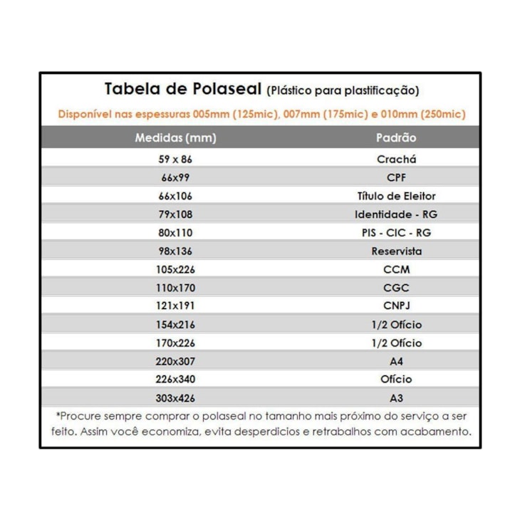 Kit 900un Polaseal (Crachá - CPF - RG - A4) 0,05 125mic