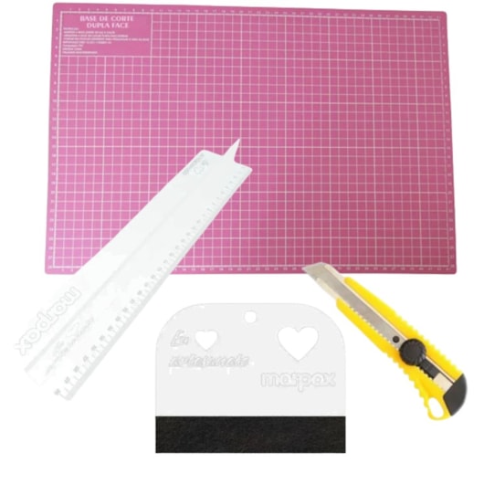 Kit Cartonagem Base de Corte Rosa + Régua + Espátula + Estilete