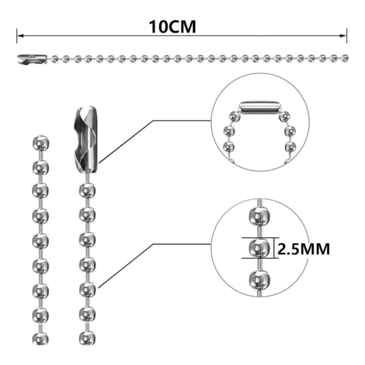 kit Corrente de Bolinha Tag Várias Cores 2,5mmx10cm com 10un