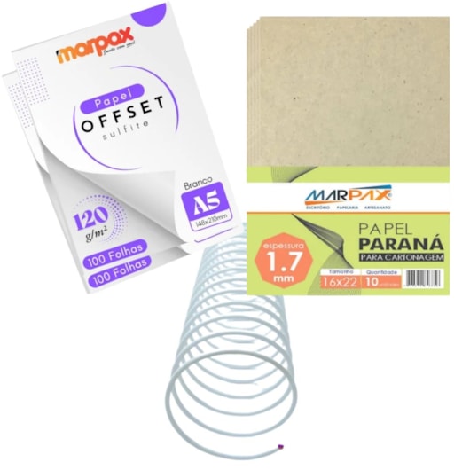 Kit encadernação 120g Offset A5 + Papel Paraná + Espiral Metal