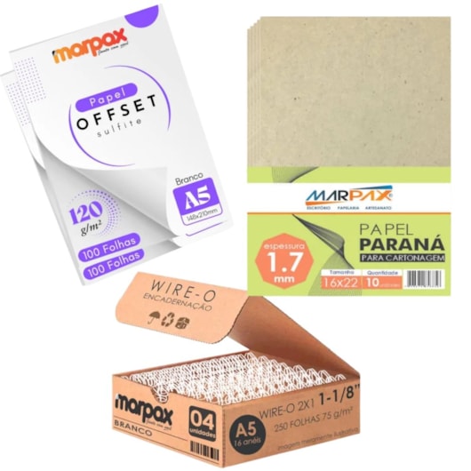 Kit encadernação 120g Offset A5 + Papel Paraná + wire-o