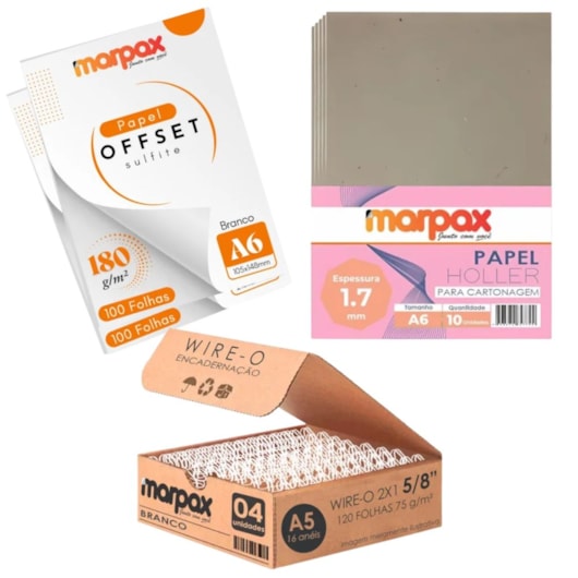 Kit encadernação 180g Offset A6 + Papel holler + wire-o