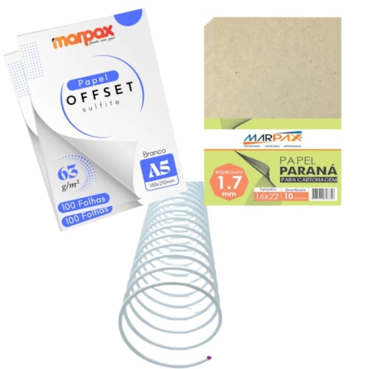 Kit encadernação 63g Offset A5 + Papel Paraná + Espiral Metal