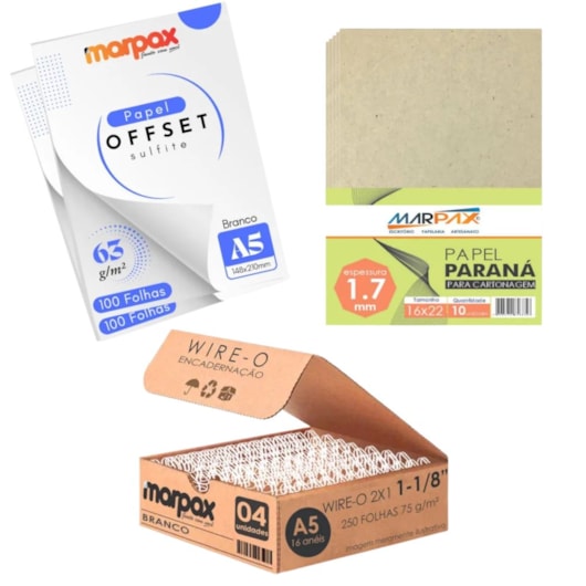 Kit encadernação 63g Offset A5 + Papel Paraná + wire-o