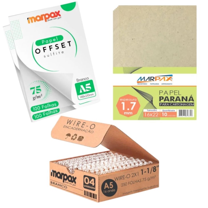 Kit Encadernação 75g Offset A5 Liso + Papel paraná + Wire-O