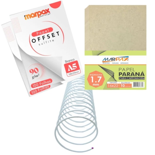 Kit encadernação 90g Offset A5 + Papel Paraná + Espiral Metal