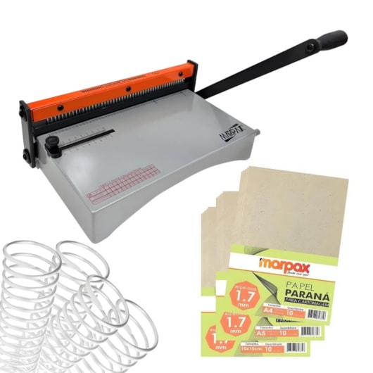 Kit Encadernação Espiramatic + Cartonagem e Espiral Metal Branco Marpax