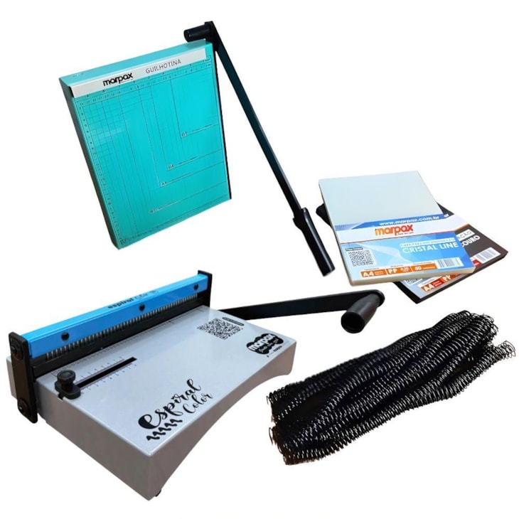 Kit Encadernadora Espiral Color Azul + Guilhotina e Insumos
