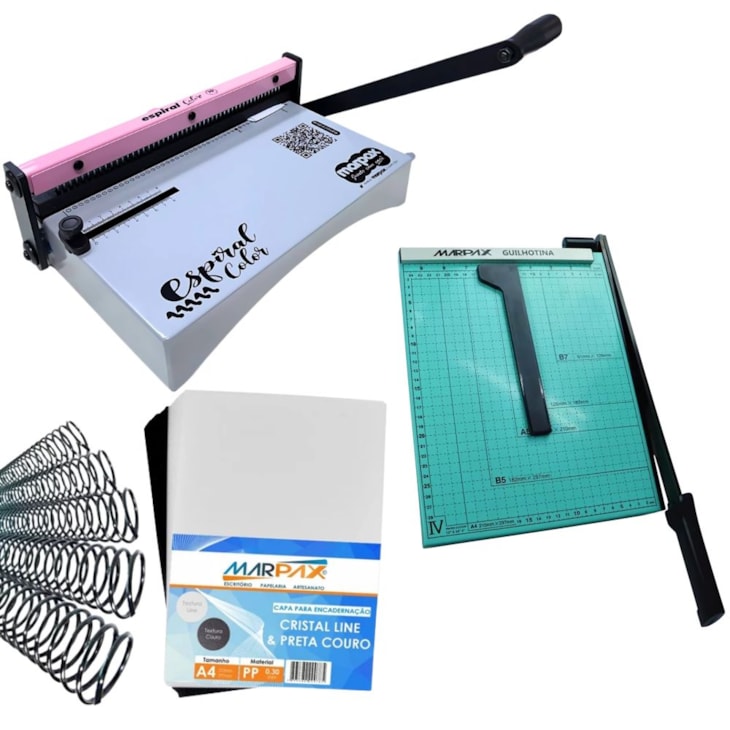 Kit Encadernadora Espiral Color Rosa + Guilhotina e Insumos