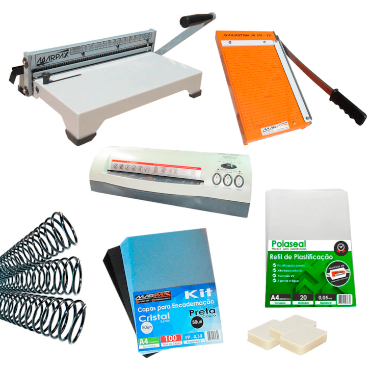 Kit Encadernadora, Plastificadora, Guilhotina + Insumos 110V