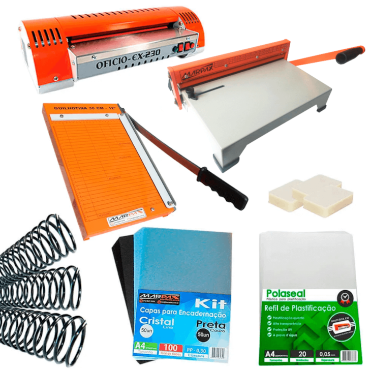 Kit Encadernadora Plastificadora Guilhotina Marpax + Insumos