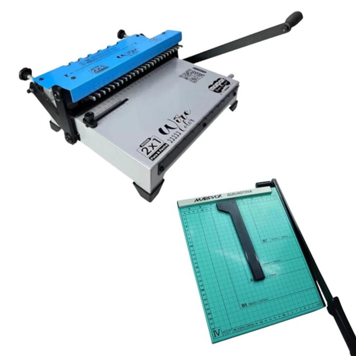 Kit Encadernadora Wire Color Azul 2X1 + Guilhotina Verde