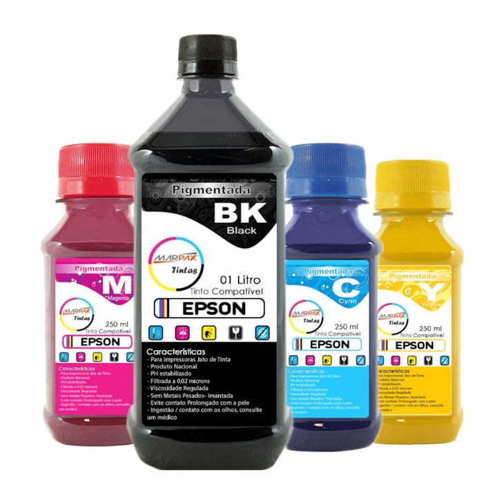Kit Tinta Epson Pigmentada Marpax BK 1000ml Coloridas 250ml