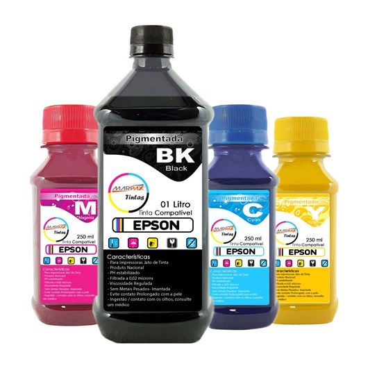 Kit Tinta Epson Pigmentada Marpax BK 1000ml Coloridas 250ml