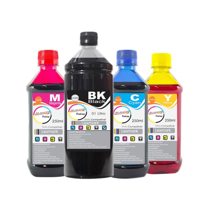 Kit Tinta Lexmark Compatível BK 01 Litro e Coloridas 250ml