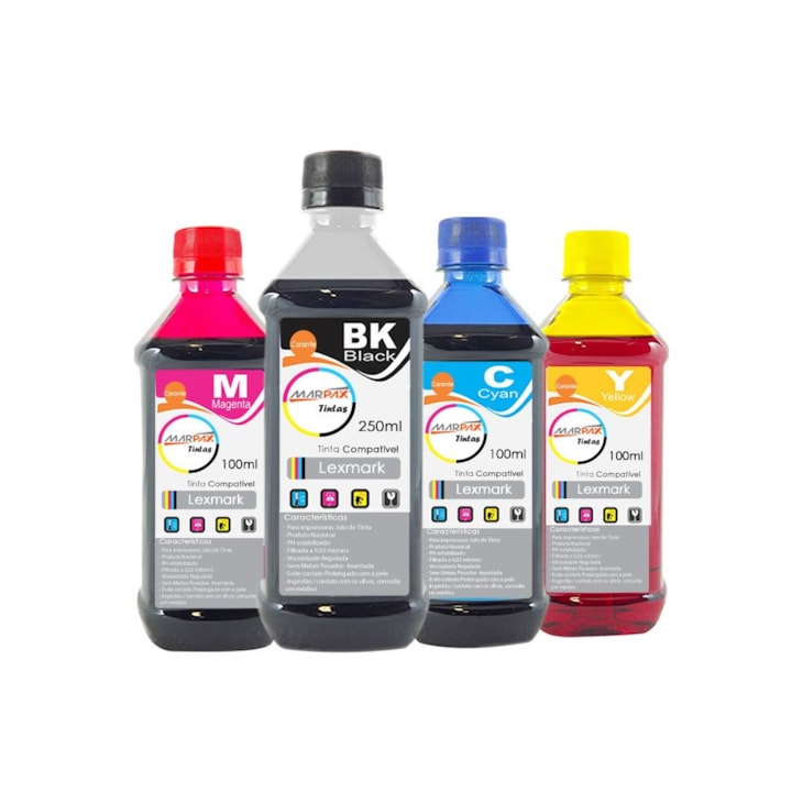 Kit Tinta para Lexmark Compatível BK 250ml e Coloridas 100ml