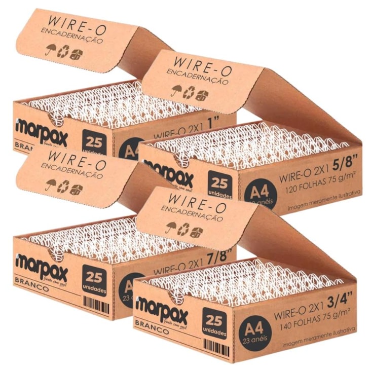 Kit Wire-o 2x1 Branco 5/8 - 3/4 - 7/8 - 1 (25un cada) 100un