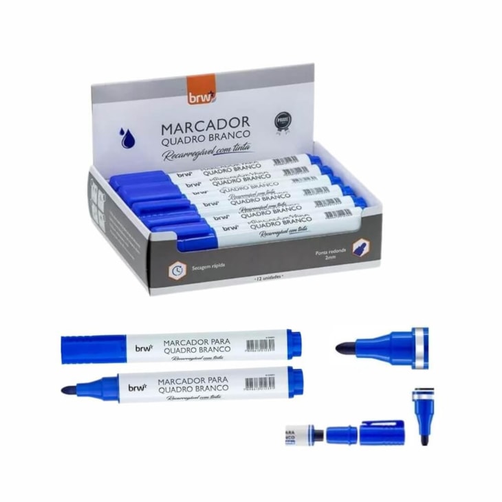 Marcador Quadro Branco Recarregável Azul BRW Caixa Com 12Un