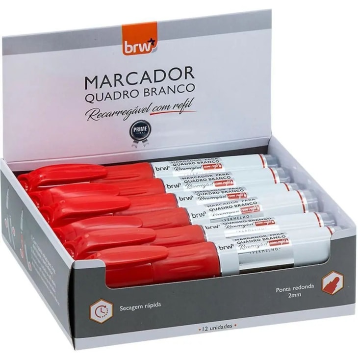 Marcador Quadro Branco Recarregável Vermelho BRW Com 12Un