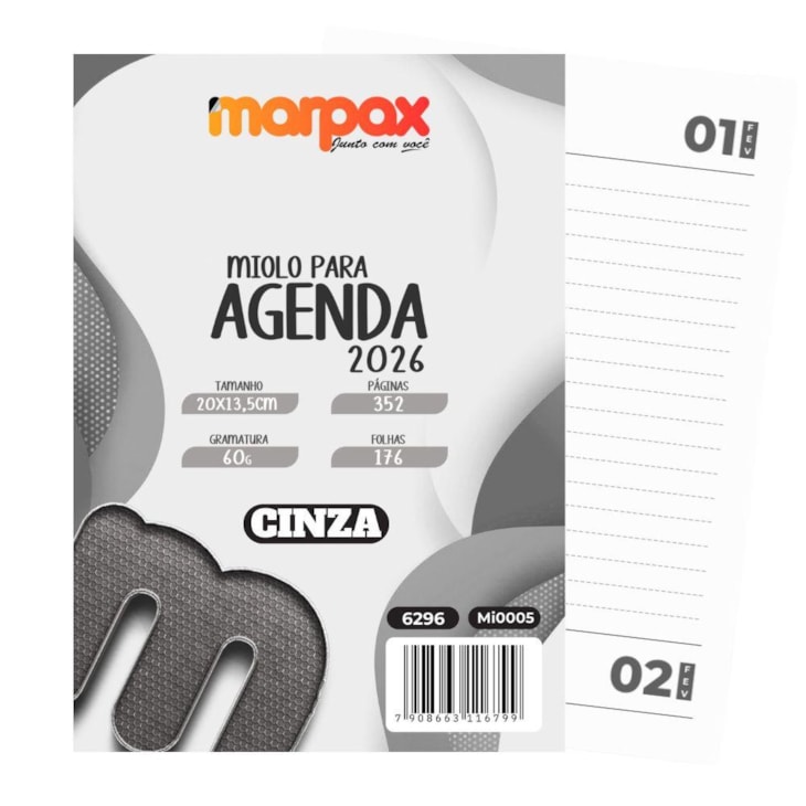 Miolo de Agenda Datado 2026 Cor Cinza 176fls Marpax 01un