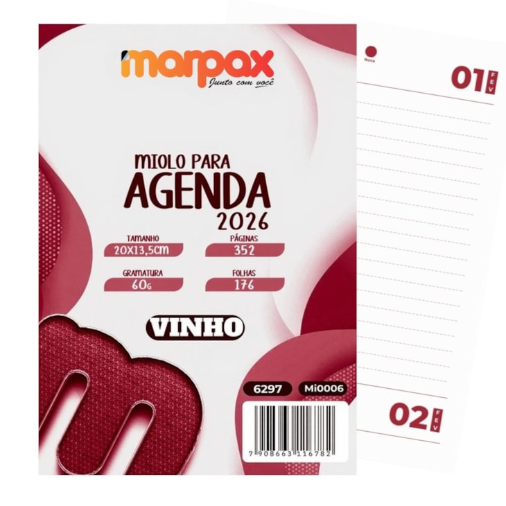 Miolo de Agenda Datado 2026 Cor Vinho 176fls Marpax 01un