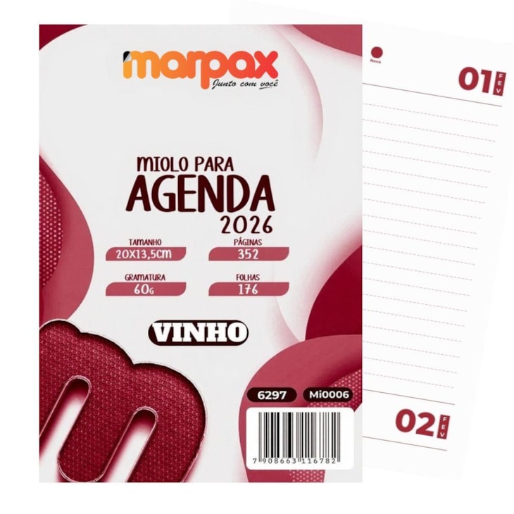 Miolo de Agenda Datado 2026 Cor Vinho 176fls Marpax 01un