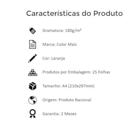 Papel Color Plus Laranja A4 210x297mm 180g Romitec 25fls