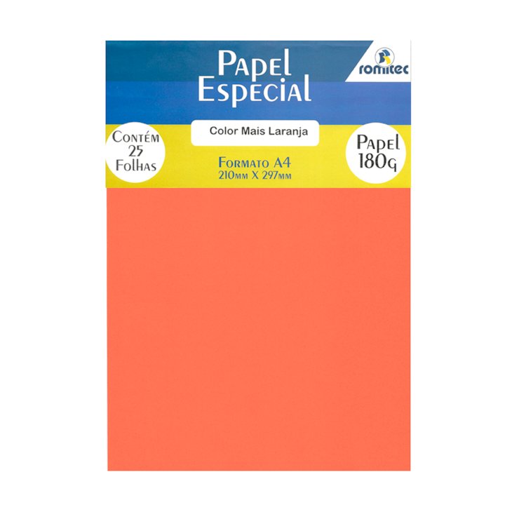 Papel Color Plus Laranja A4 210x297mm 180g Romitec 25Fls