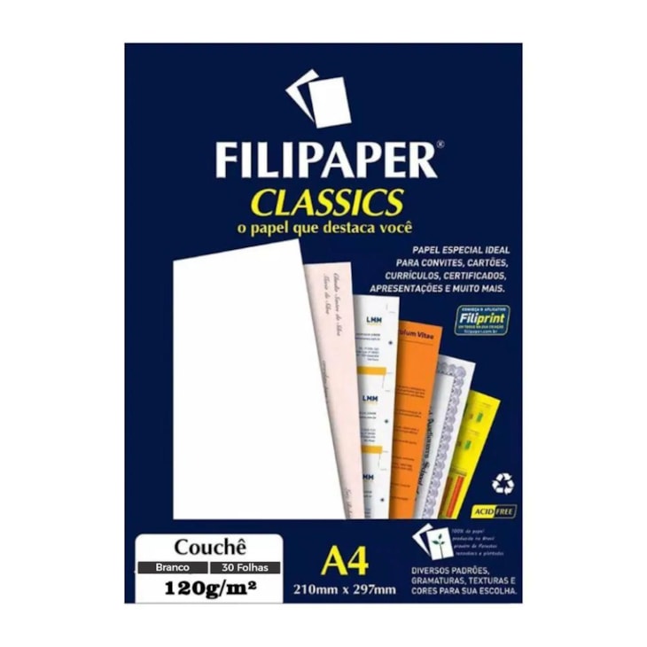 Papel Couchê Branco A4 210x297mm 120g/m² Filipaper 30 Folhas