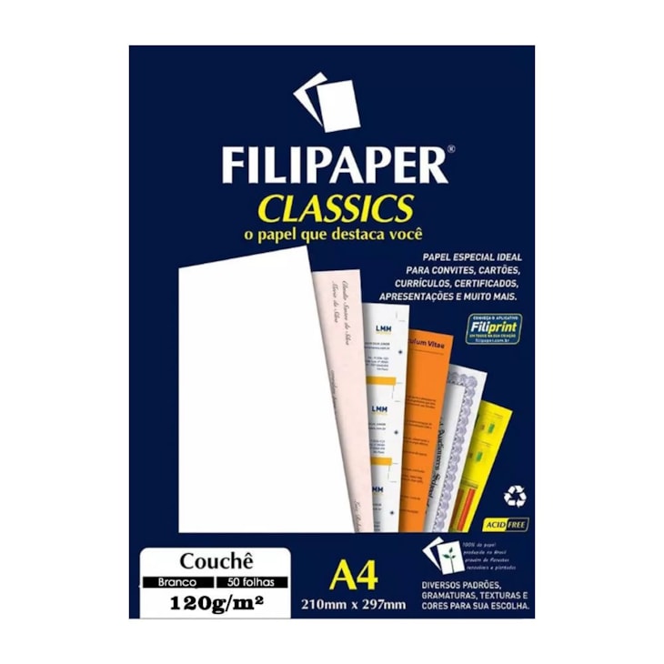 Papel Couchê Branco A4 210x297mm 120g/m² Filipaper 50 Folhas