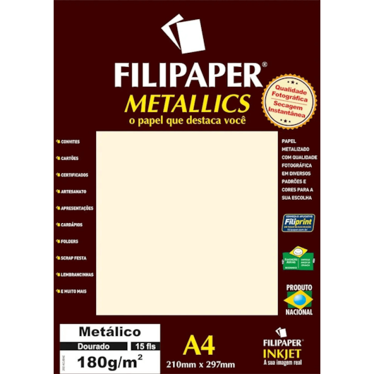 Papel Dourado Metalizado A4 210x297mm 180g Filipaper 15 folhas