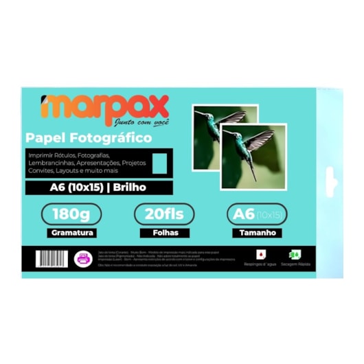 Papel Fotográfico 10x15 Brilhante Glossy 180g Marpax 20 Fls