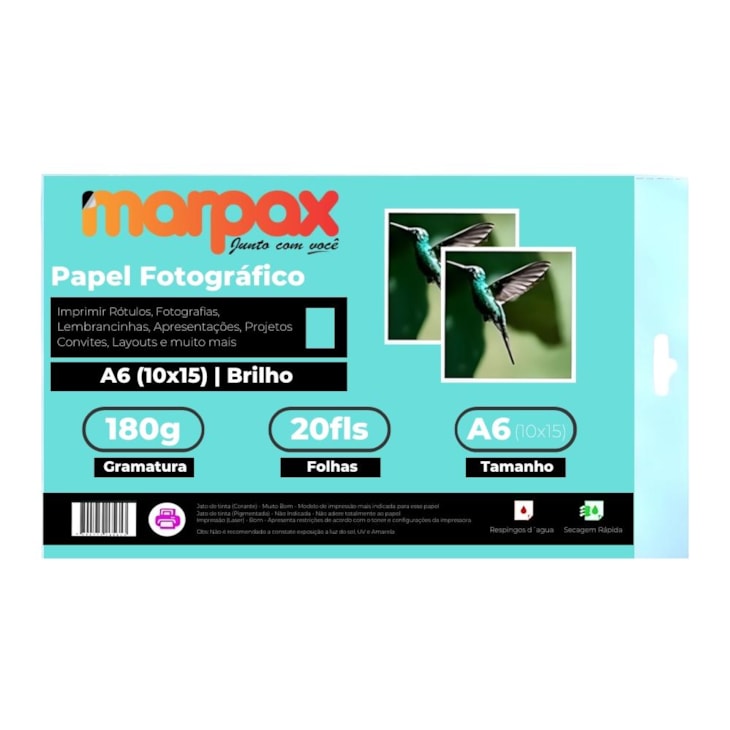 Papel Fotográfico 10X15 Brilhante Glossy 180g Marpax 20fls