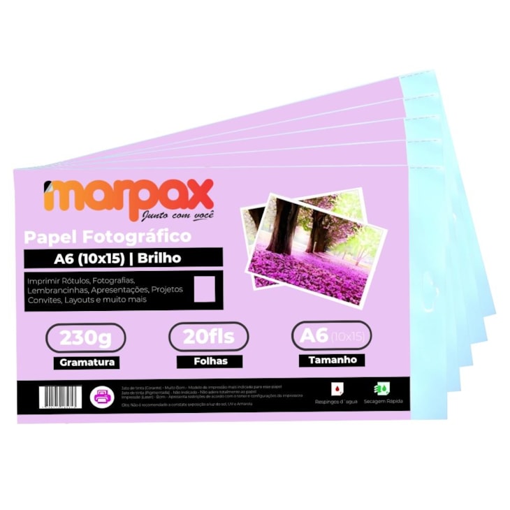 Papel Fotográfico 10X15 Brilhante Glossy 230g Marpax 100fls