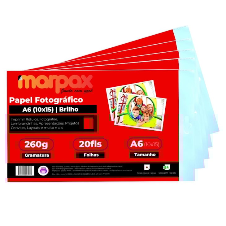 Papel Fotográfico 10X15 Brilhante Glossy 260g Marpax 100fls