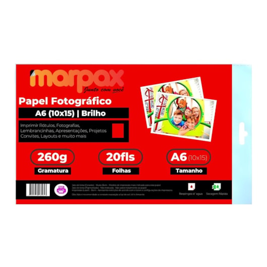 Papel Fotográfico 10x15 Brilhante Glossy 260g Marpax 20 Fls