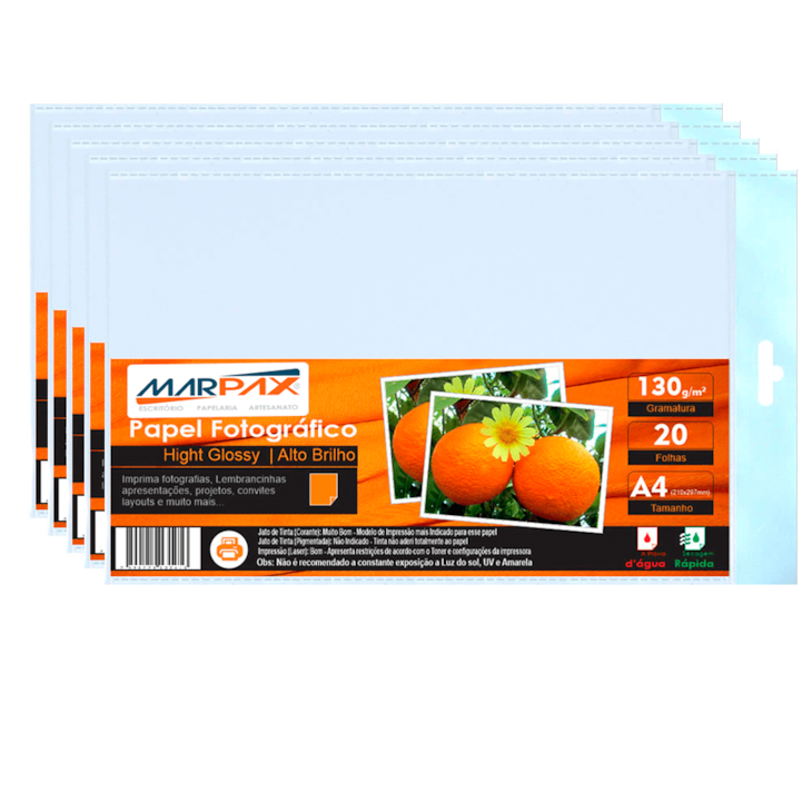 Papel Fotográfico 130g Brilhante A4 210x297mm Marpax 100 Fls