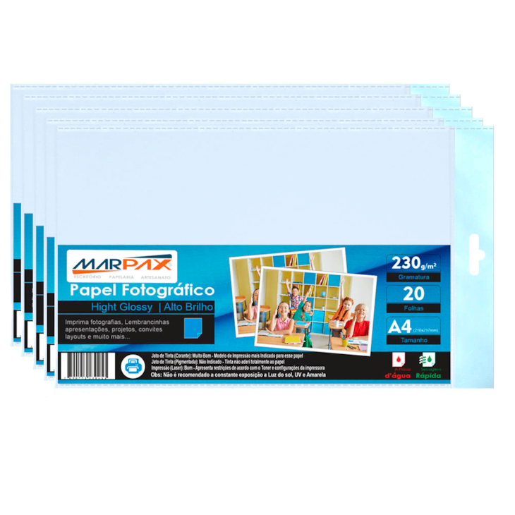 Papel Fotográfico 230g Brilhante A4 210x297mm Marpax 1000fls