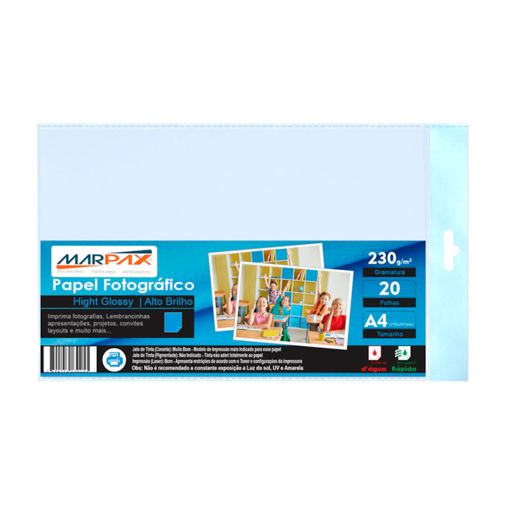 Papel Fotográfico 230g Brilhante A4 210x297mm Marpax 20 Fls