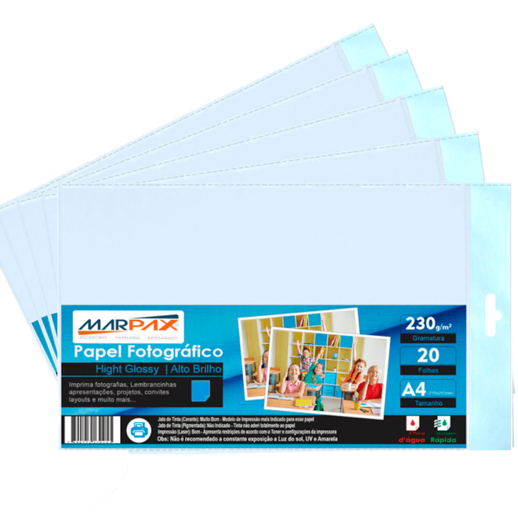 Papel Fotográfico 230g Brilhante A4 210x297mm Marpax 500Fls