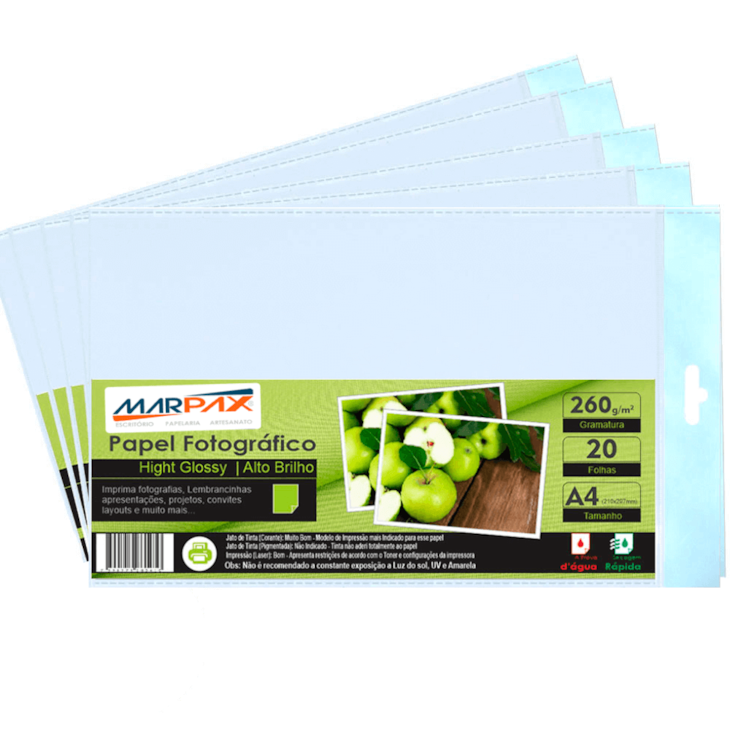 Papel Fotográfico 260g Brilhante A4 210x297mm Marpax 300 Fls