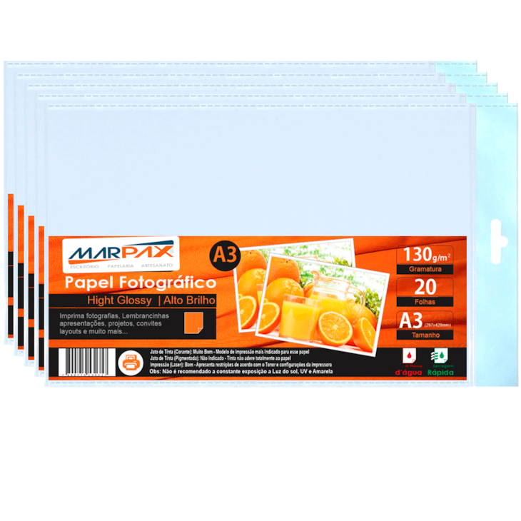 Papel Fotográfico A3 130g Brilhante 297x420mm Marpax 100Fls